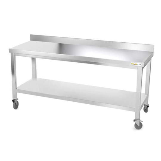 Table inox 1800 x 600 mm adossée sur roulettes PREMIUM / GOLDINOX
