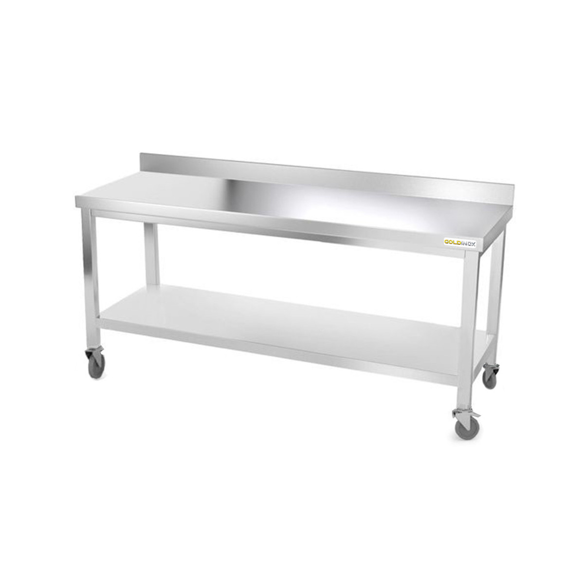 Table inox 1800 x 600 mm adossée sur roulettes PREMIUM / GOLDINOX