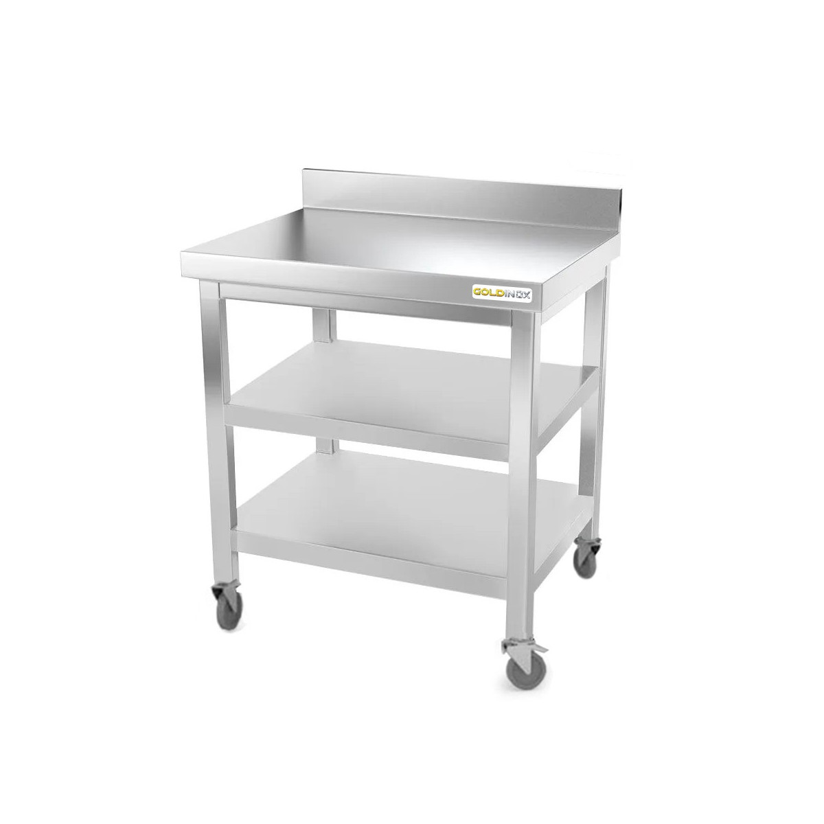 Table inox 800 x 800 mm adossée avec 2 étagères sur roulettes / GOLDINOX