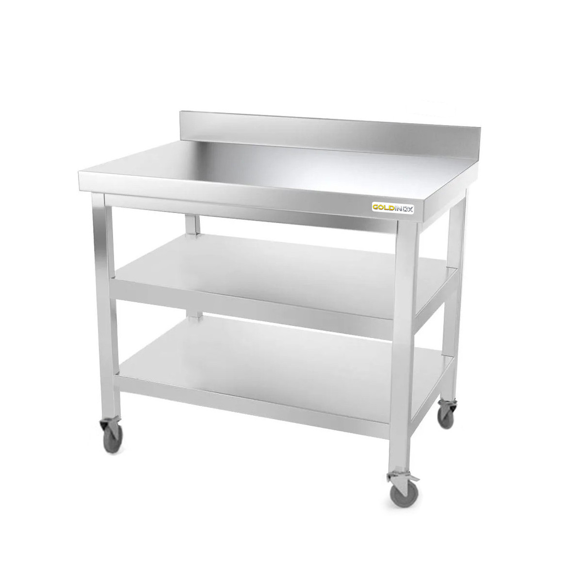 Table inox 1000 x 800 mm adossée avec 2 étagères sur roulettes / GOLDINOX