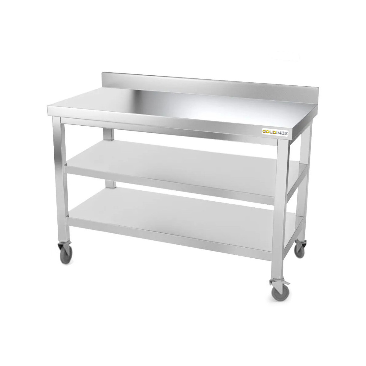 Table inox 1400 x 800 mm adossée avec 2 étagères sur roulettes / GOLDINOX