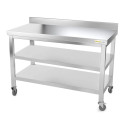 Table inox 1600 x 800 mm adossée avec 2 étagères sur roulettes / GOLDINOX