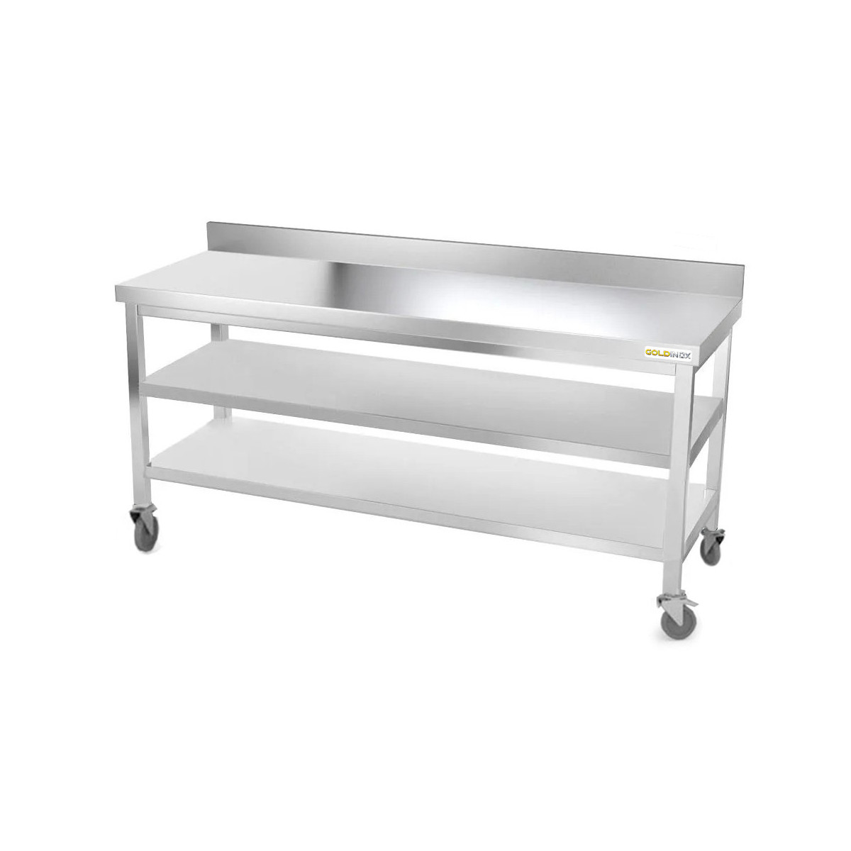 Table inox 1800 x 800 mm adossée avec 2 étagères sur roulettes / GOLDINOX