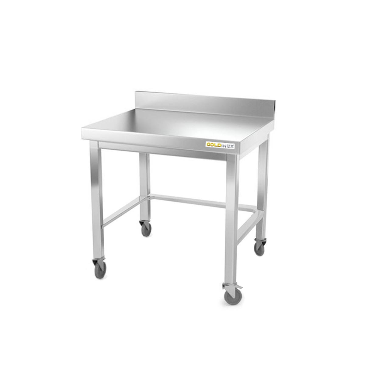 Table inox soubassement 800 x 800 mm adossée avec renfort sur roulettes / GOLDINOX 