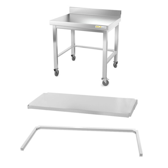 Table inox soubassement 800 x 800 mm adossée avec renfort sur roulettes / GOLDINOX 
