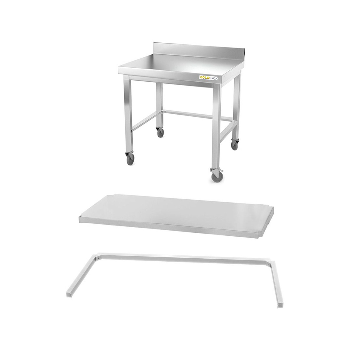 Table inox soubassement 800 x 800 mm adossée avec renfort sur roulettes / GOLDINOX 