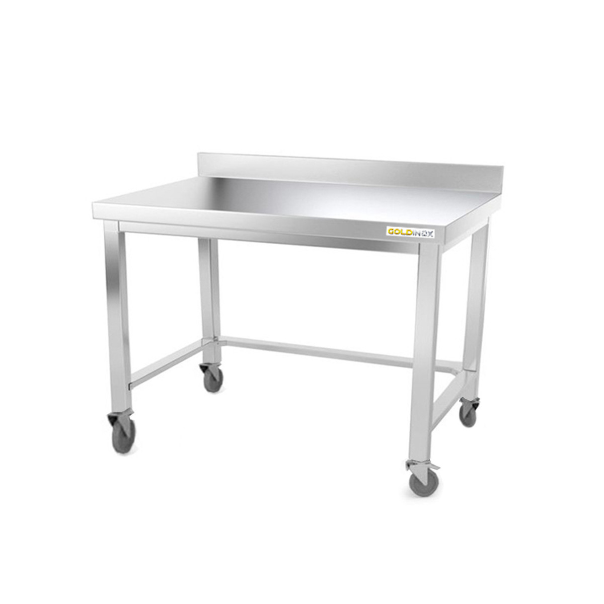 Table inox soubassement 1000 x 800 mm adossée avec renfort sur roulettes / GOLDINOX 