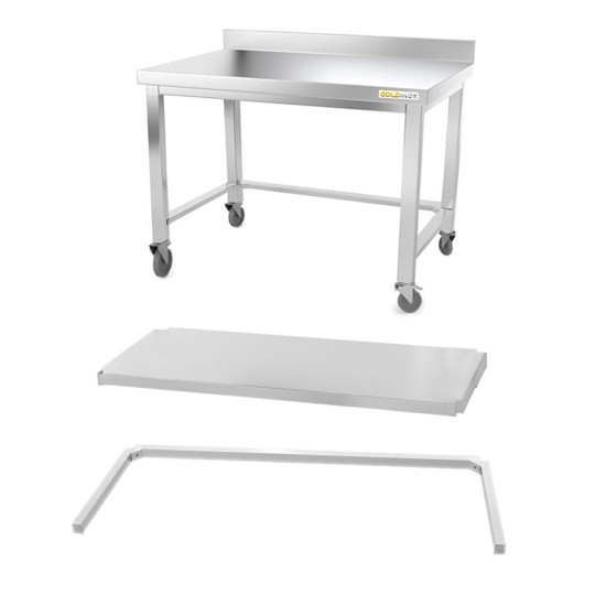 Table inox soubassement 1000 x 800 mm adossée avec renfort sur roulettes / GOLDINOX 