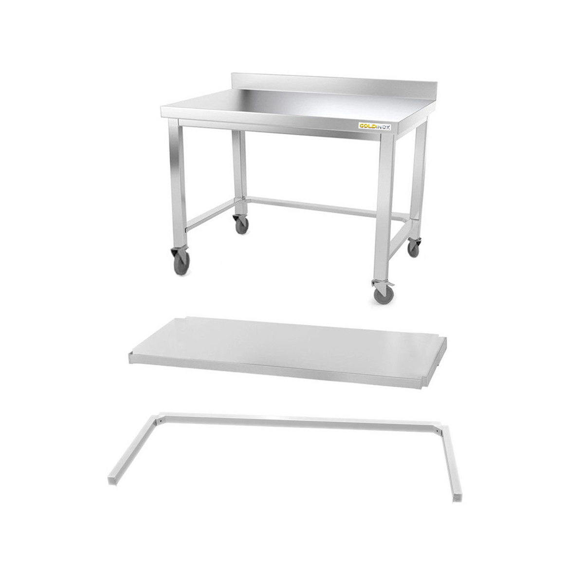Table inox soubassement 1000 x 800 mm adossée avec renfort sur roulettes / GOLDINOX 