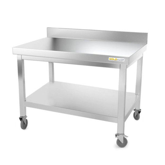 Table inox soubassement 1200 x 800 mm adossée avec renfort sur roulettes / GOLDINOX 