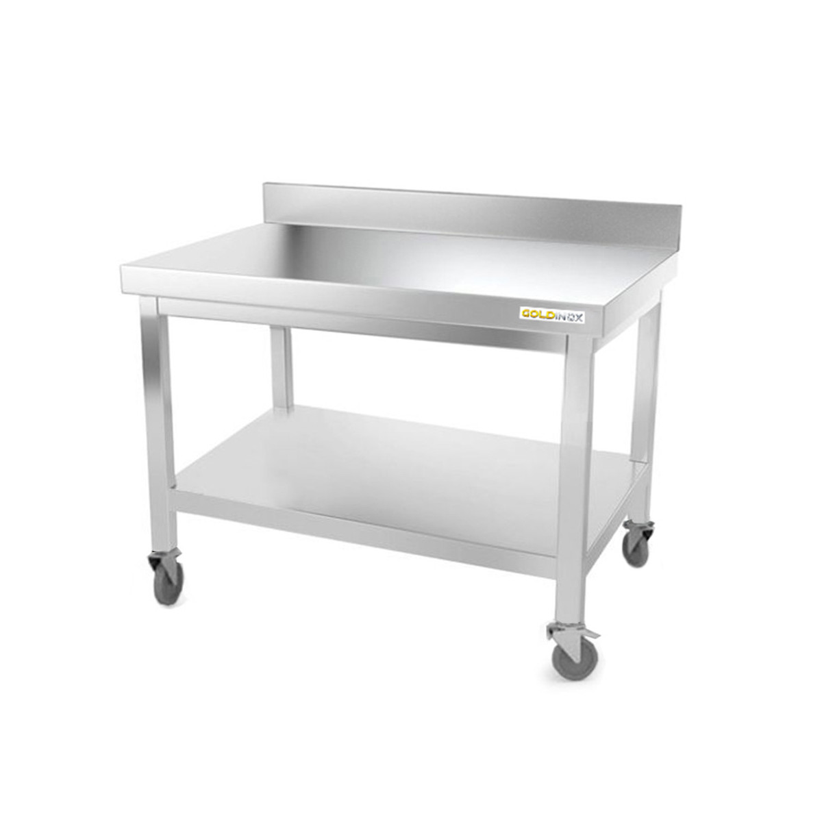 Table inox soubassement 1200 x 800 mm adossée avec renfort sur roulettes / GOLDINOX 
