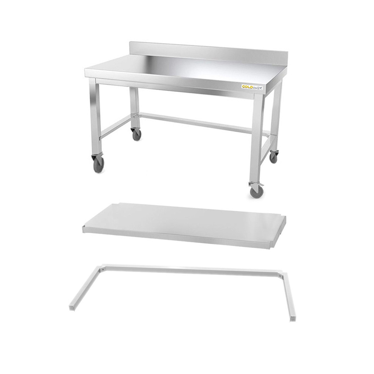 Table inox soubassement 1400 x 800 mm adossée avec renfort sur roulettes / GOLDINOX 