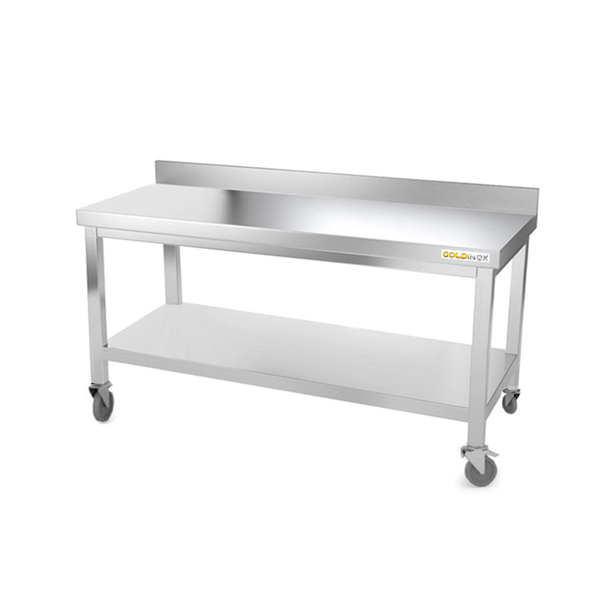 Table inox soubassement 1400 x 800 mm adossée avec renfort sur roulettes / GOLDINOX 