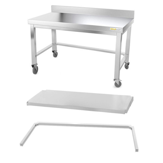 Table inox soubassement 1600 x 800 mm adossée avec renfort sur roulettes / GOLDINOX 