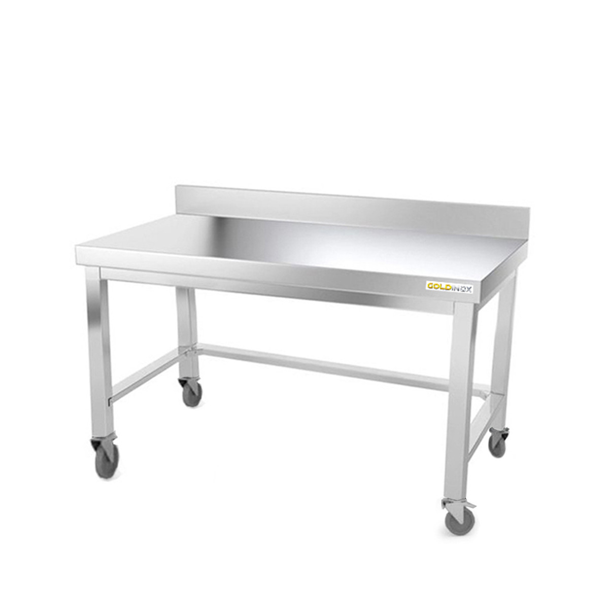 Table inox soubassement 1600 x 800 mm adossée avec renfort sur roulettes / GOLDINOX 