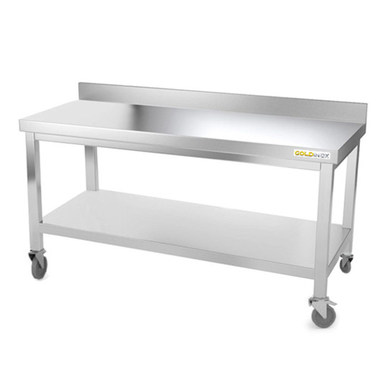 Table inox soubassement 1600 x 800 mm adossée avec renfort sur roulettes / GOLDINOX 