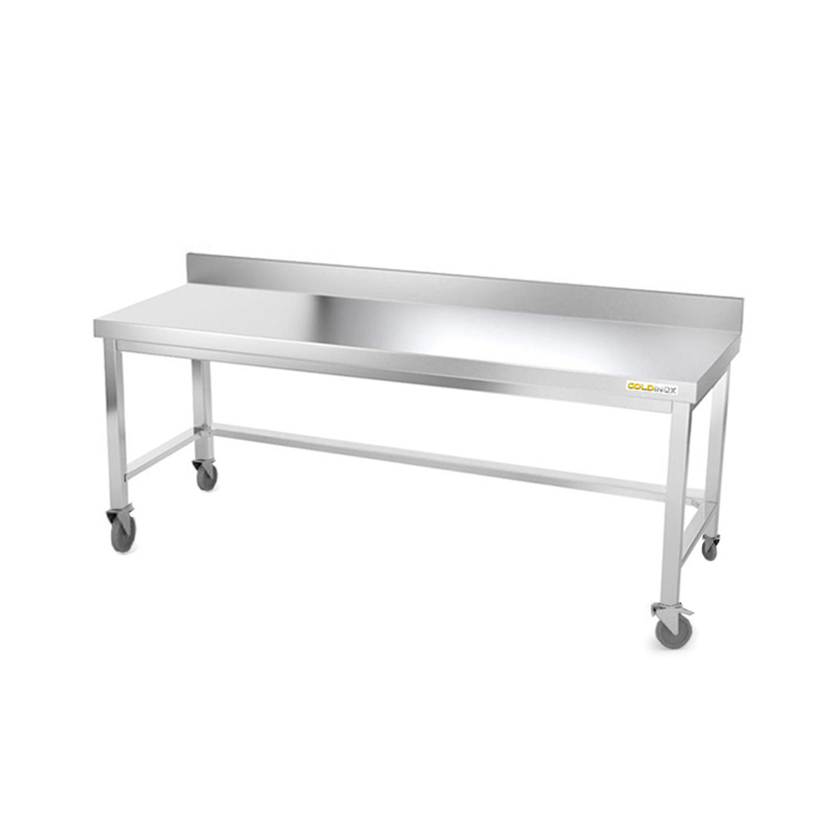 Table inox soubassement 1800 x 800 mm adossée avec renfort sur roulettes / GOLDINOX 
