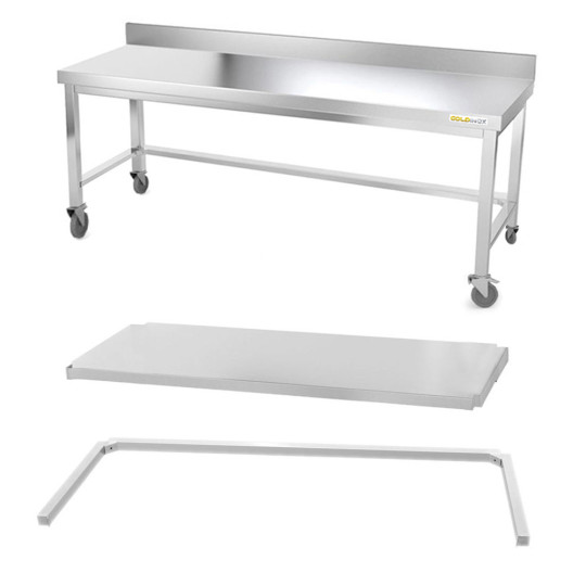 Table inox soubassement 1800 x 800 mm adossée avec renfort sur roulettes / GOLDINOX 