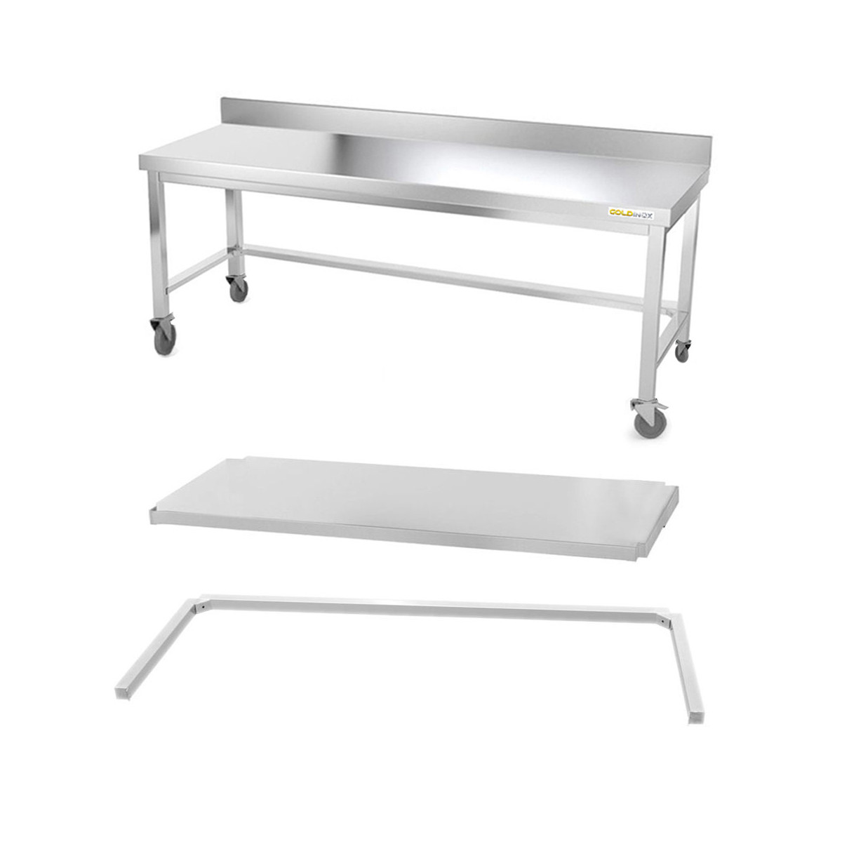Table inox soubassement 1800 x 800 mm adossée avec renfort sur roulettes / GOLDINOX 
