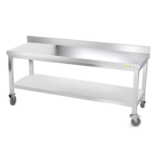 Table inox soubassement 1800 x 800 mm adossée avec renfort sur roulettes / GOLDINOX 