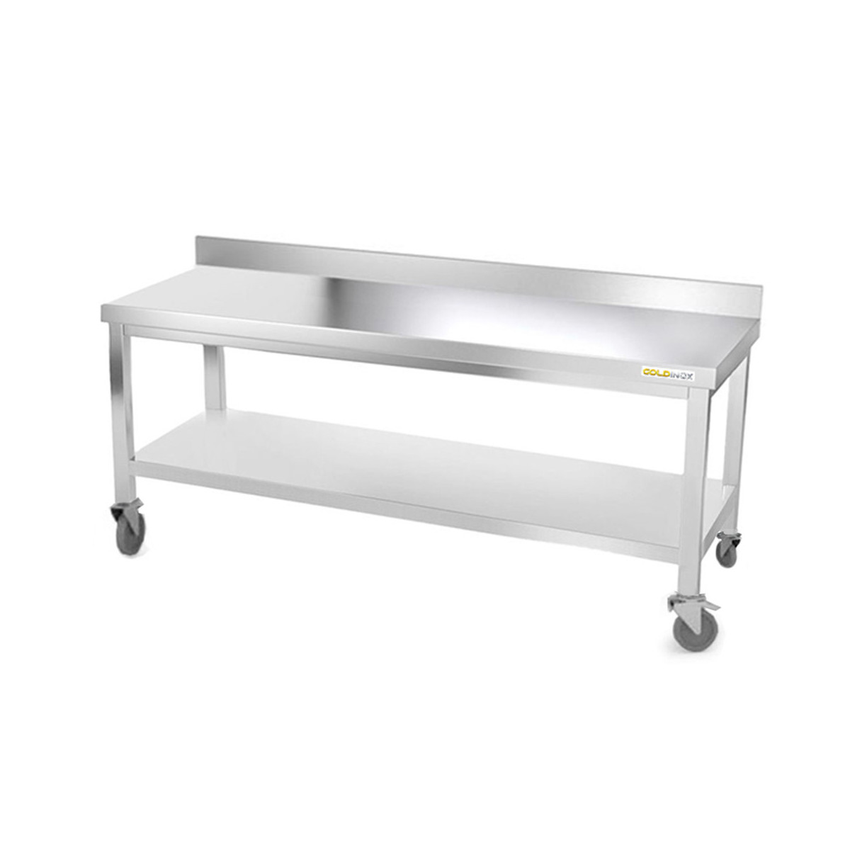 Table inox soubassement 1800 x 800 mm adossée avec renfort sur roulettes / GOLDINOX 