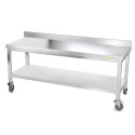 Table inox soubassement 1800 x 800 mm adossée avec renfort sur roulettes / GOLDINOX 