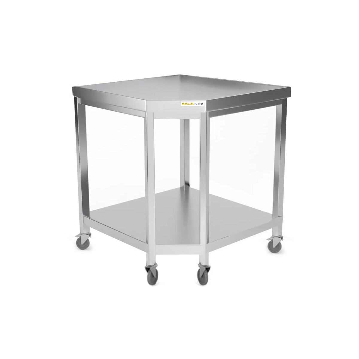 Table inox d'angle 1000 x 600 mm sur roulettes PREMIUM / GOLDINOX