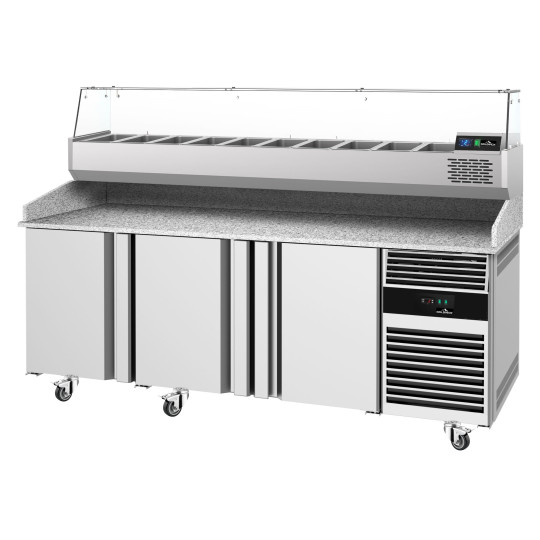 Meuble à pizza réfrigéré avec granit 3 portes + vitrine réfrigérée - GOLDINOX