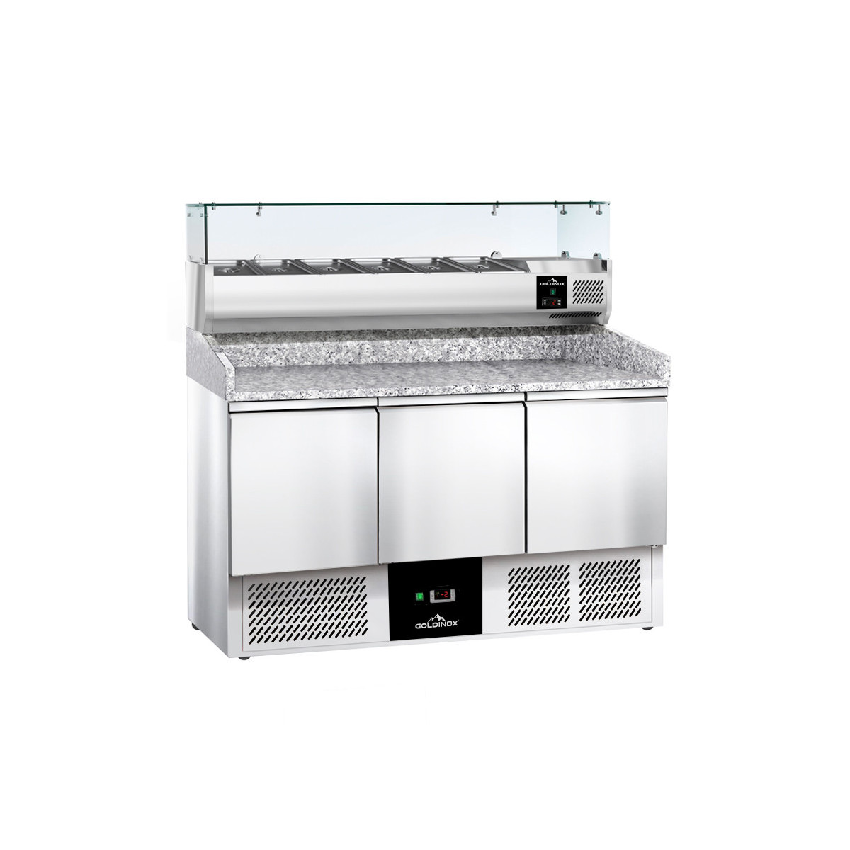 Meuble à pizza réfrigéré 3 portes compact avec vitrine à ingrédients (6x GN1/4) PREMIUM - GOLDINOX