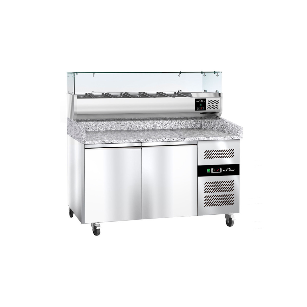 Meuble à pizza réfrigéré 2 portes tropicalisé avec vitrine ingrédients (6x GN1/3) PREMIUM - GOLDINOX