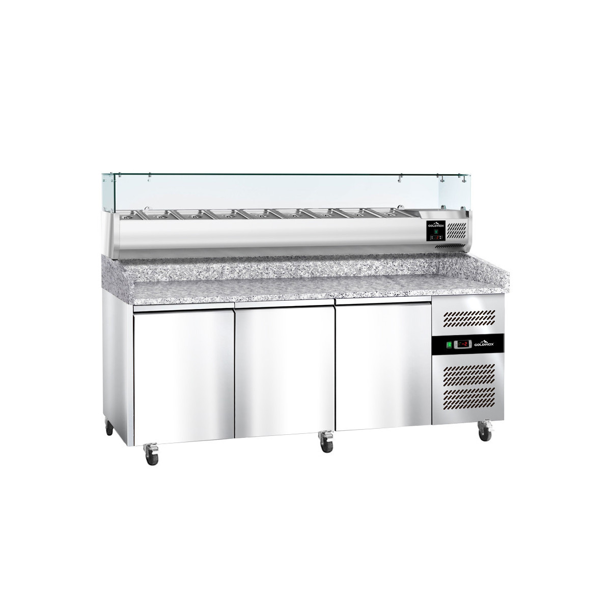 Meuble à pizza réfrigéré 3 portes tropicalisé avec vitrine ingrédients (9x GN1/3) PREMIUM - GOLDINOX