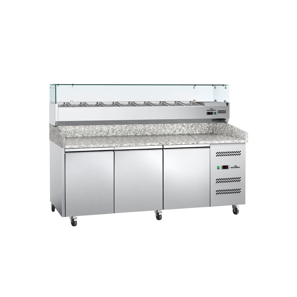 Meuble à pizza 3 portes avec vitrine à ingrédients (9x GN1/3) - GOLDINOX