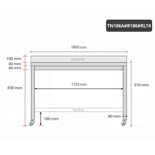 Table inox 1800 x 600 mm adossée avec renfort sur roulettes / GOLDINOX Table inox 1800 x 600 mm adossée avec renfort sur roulettes / GOLDINOX