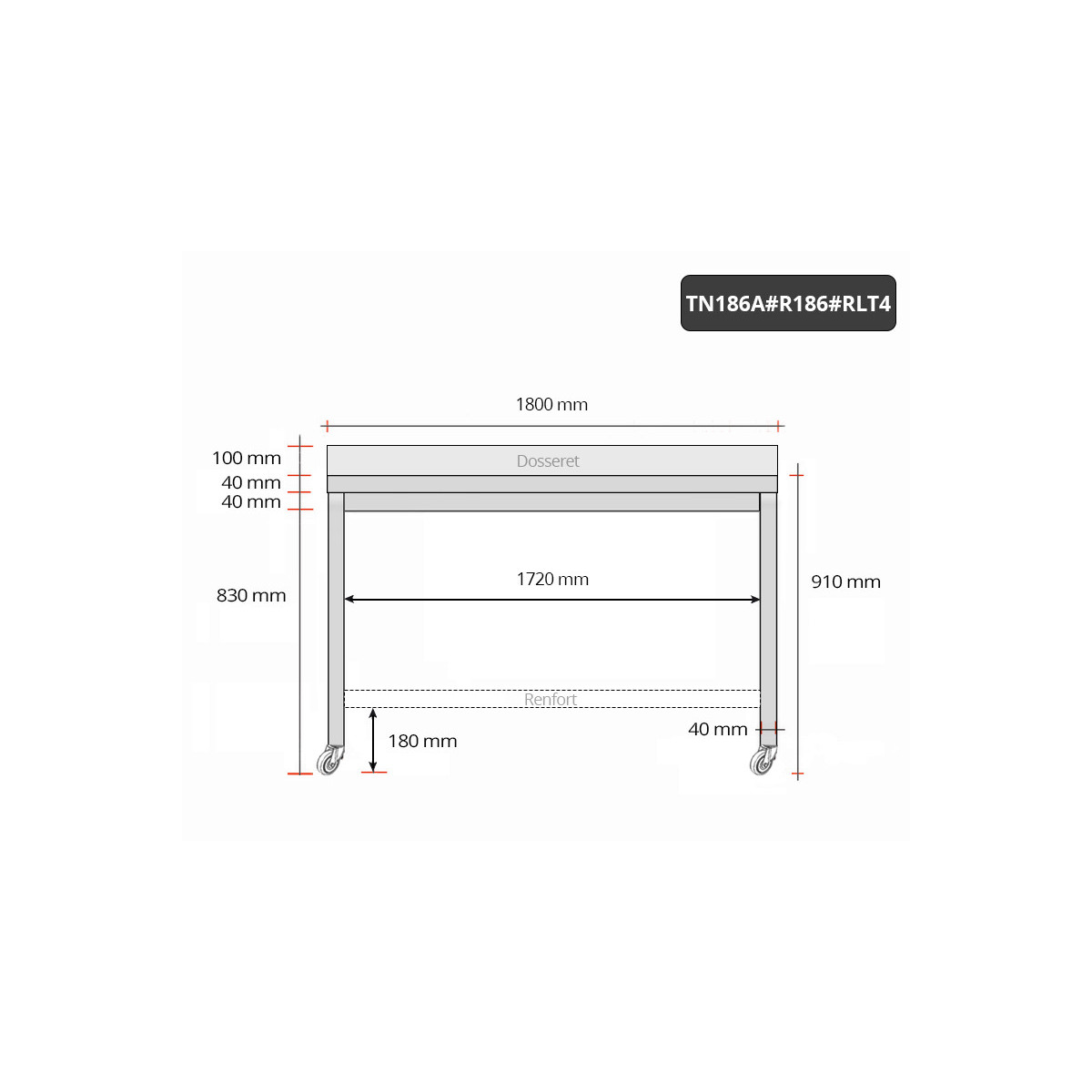 Table inox 1800 x 600 mm adossée avec renfort sur roulettes / GOLDINOX