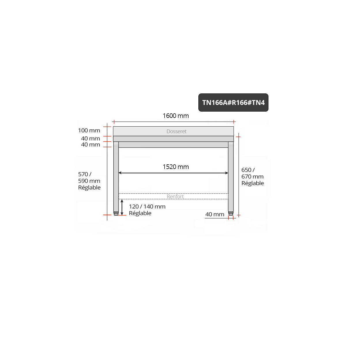 Table inox soubassement 1600 x 600 mm adossée avec renfort / GOLDINOX 