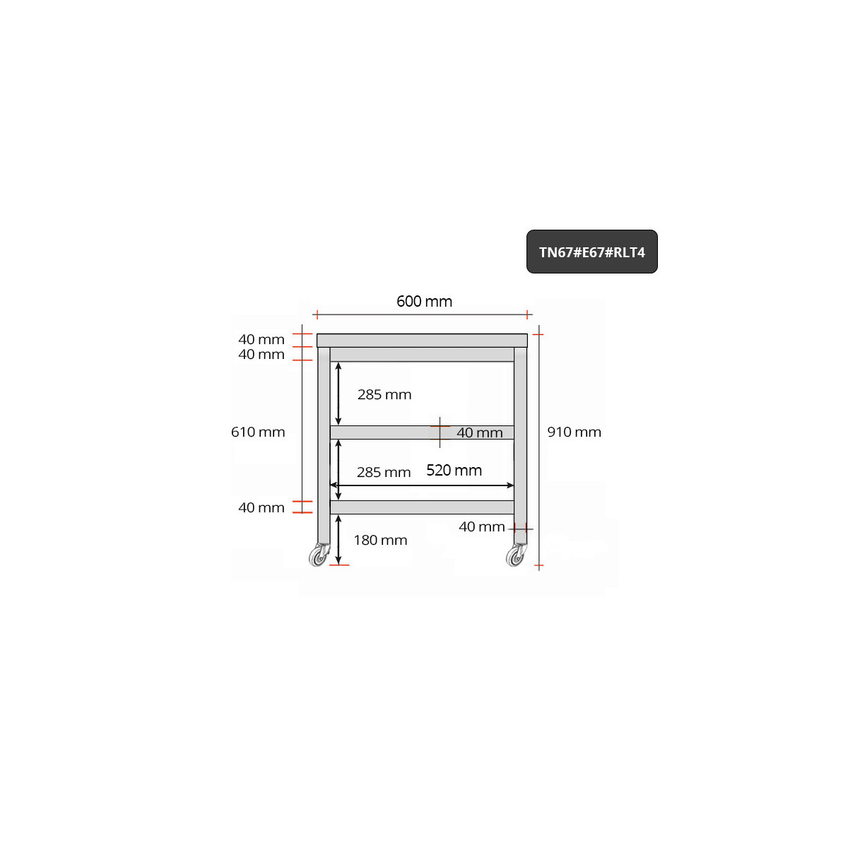 Table inox 600 x 700 mm avec 2 étagères sur roulettes / GOLDINOX