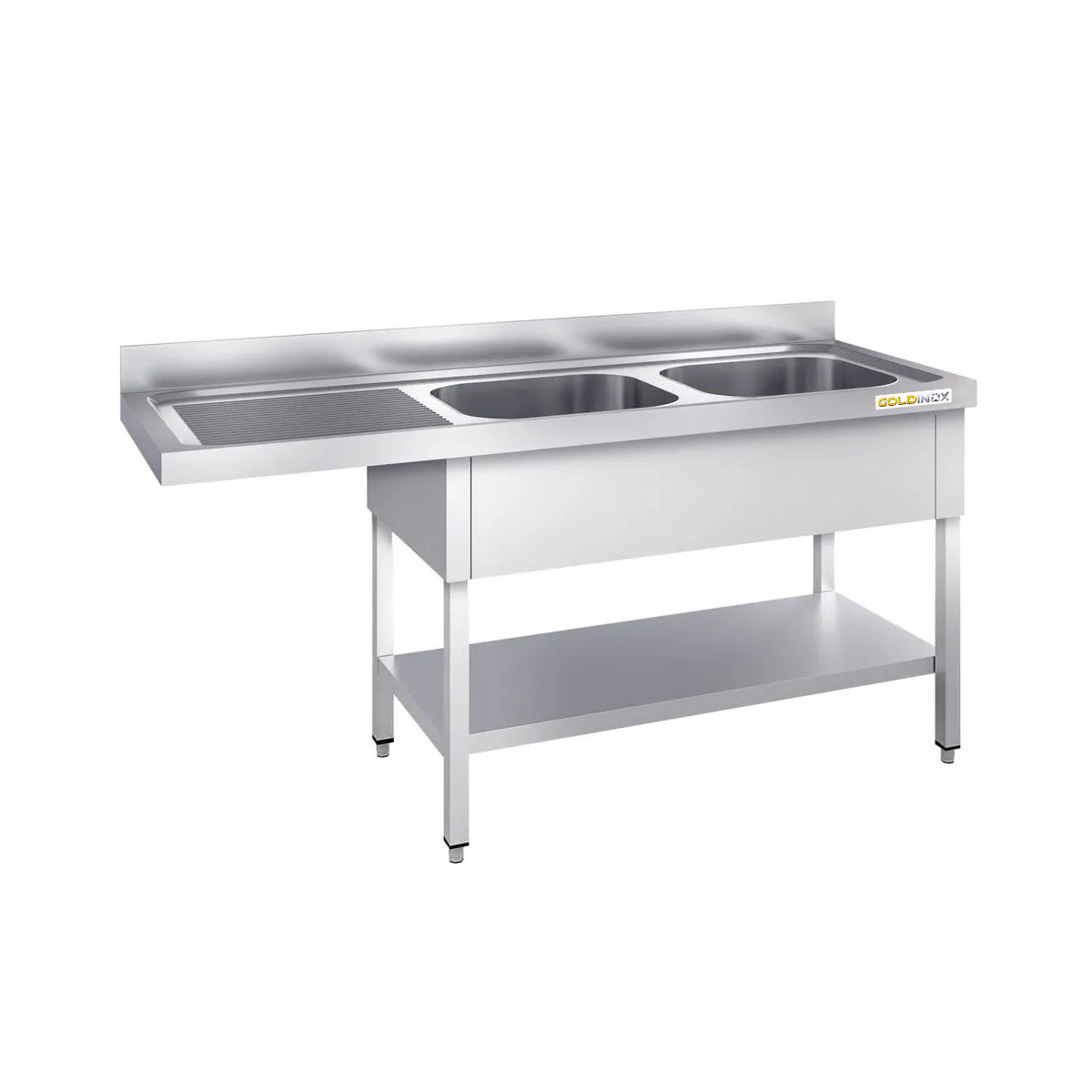 Plonge lave-vaisselle inox 2 bacs - 1800 x 600 mm égouttoir gauche ECO / GOLDINOX