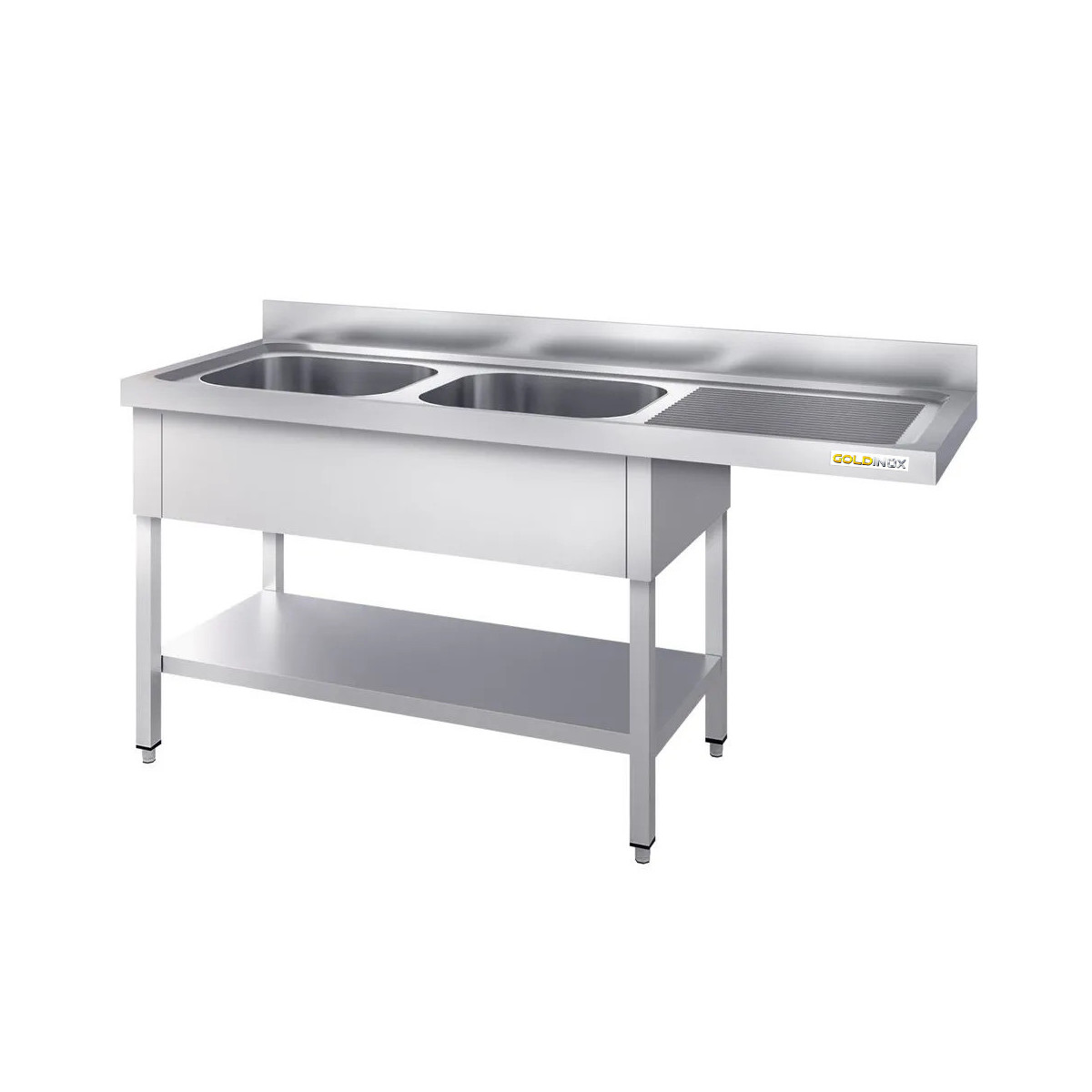 Plonge lave-vaisselle inox 2 bacs - 2000 x 600 mm égouttoir droite PREMIUM / GOLDINOX