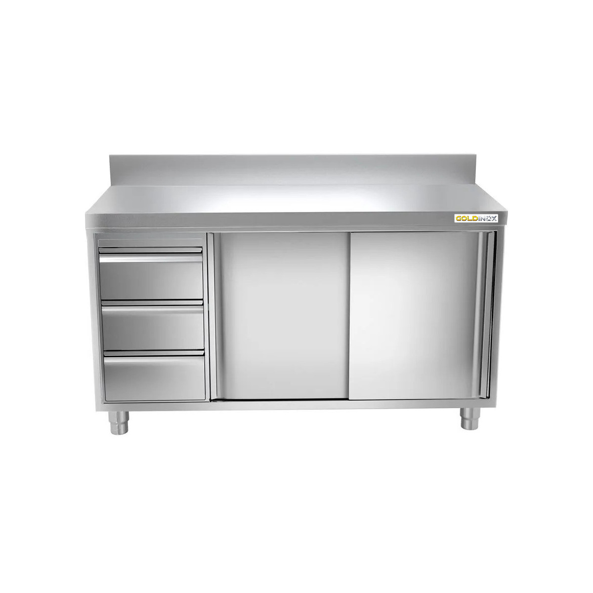 Meuble bas inox 1400 x 700 mm adossée avec 3 tiroirs gauche PREMIUM / GOLDINOX
