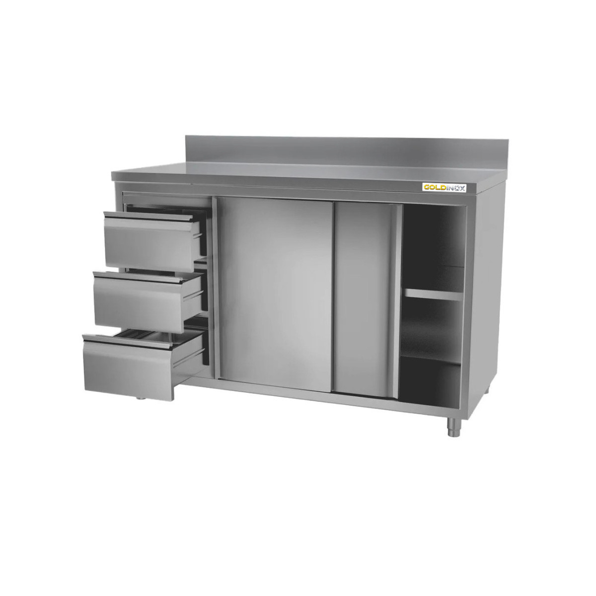 Meuble bas inox 1800 x 700 mm adossée avec 3 tiroirs gauche ECO / GOLDINOX