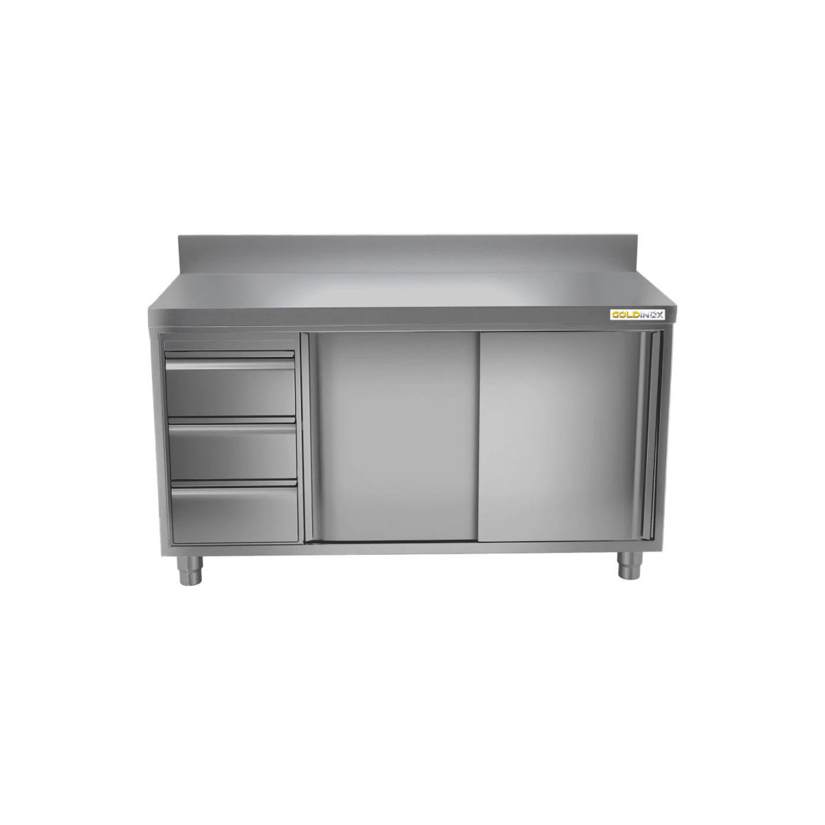 Meuble bas inox 1800 x 700 mm adossée avec 3 tiroirs gauche ECO / GOLDINOX