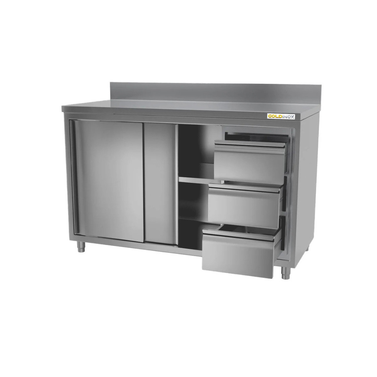 Meuble bas inox 2000 x 700 mm adossée avec 3 tiroirs droit ECO / GOLDINOX