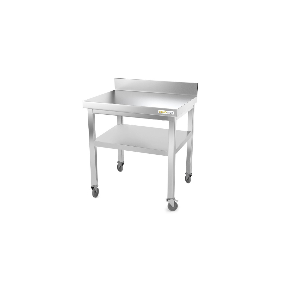 Table inox 800 x 500 mm adossée sur roulettes / GOLDINOX