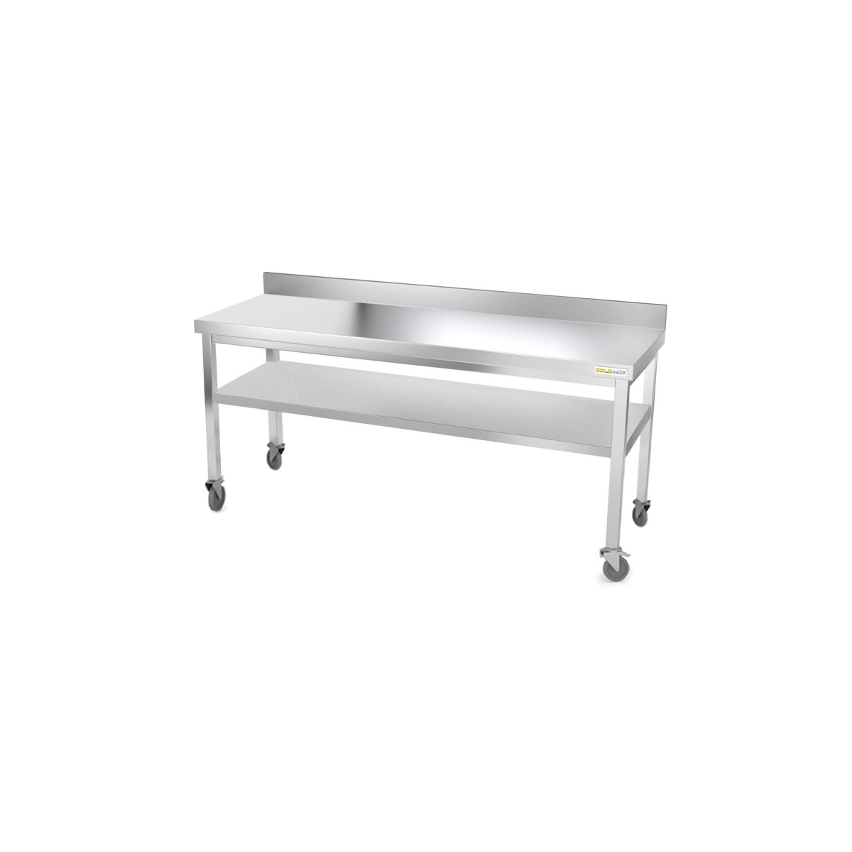 Table inox 2000 x 500 mm adossée sur roulettes / GOLDINOX