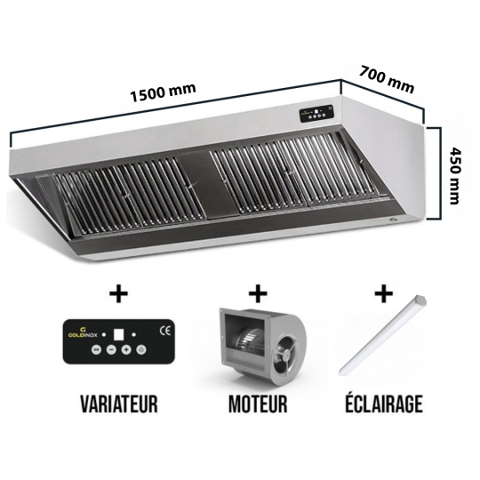 Hotte murale avec moteur 1500 x 700 x 450 mm avec variateur, éclairage, filtre et robinet de vidange PREMIUM / GOLDINOX