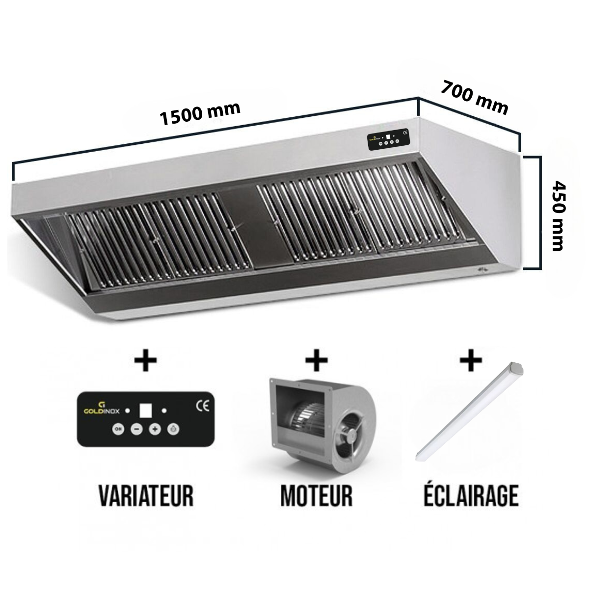 Hotte murale avec moteur 1500 x 700 x 450 mm avec variateur, éclairage, filtre et robinet de vidange PREMIUM / GOLDINOX