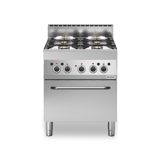 Cuisinière à gaz 4 brûleurs (17,2 kW) sur four électrique à convection (3,96 kW) PREMIUM / GOLDINOX