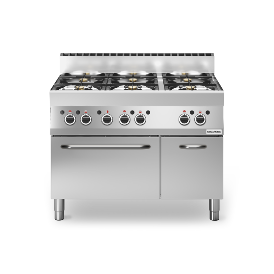 Cuisinière à gaz 6 brûleurs (25,8 kW) sur four gaz (5 kW) PREMIUM / GOLDINOX