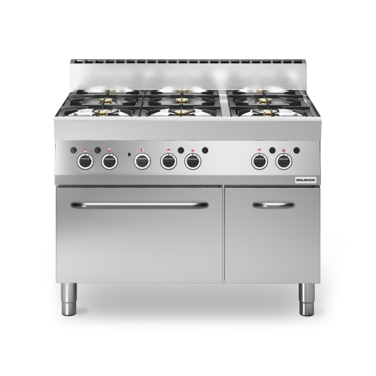 Cuisinière à gaz 6 brûleurs (25,8 kW) sur four électrique à convection (3,96 kW) PREMIUM / GOLDINOX