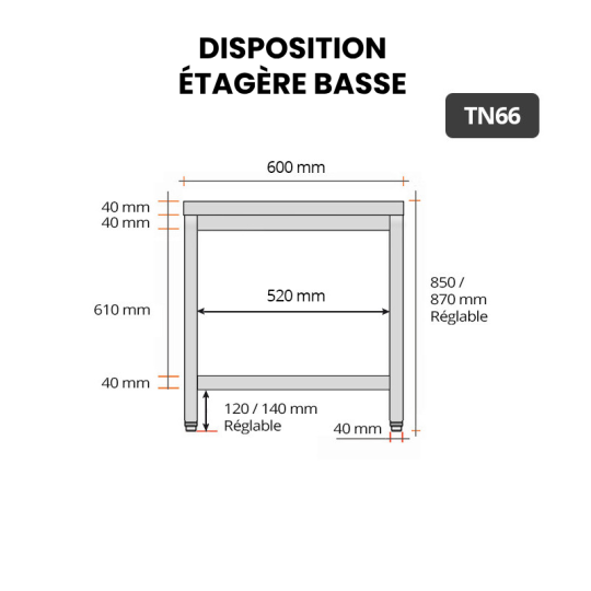 Table de travail en inox 600 x 600 mm PREMIUM / GOLDINOX